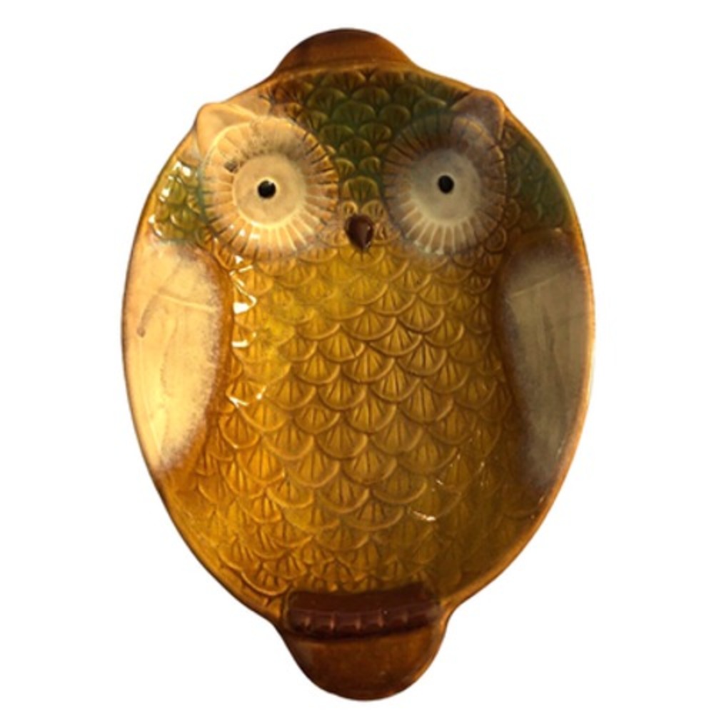 Meritage Stoneware Owl Vegetable Serving Bowl Green Yellow Brown Maroon EUC